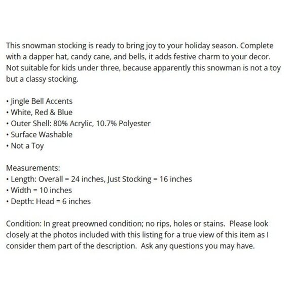 Vintage Snowman Christmas Stocking Parachute Fabric Sherpa Hat Candy Cane 24" - Picture 16 of 16